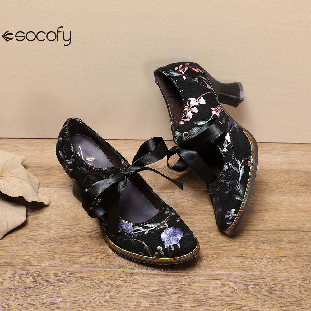 Socofy Flower Antique Style High Heel Round Toe Women's Shoes