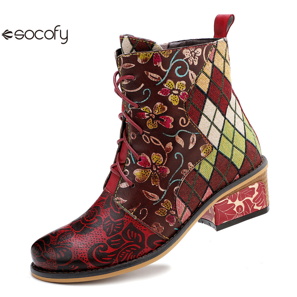 Socofy Vicconfy Genuine Leather Lace Up Cowboy Jacquard Colorblocking Ankle Boots