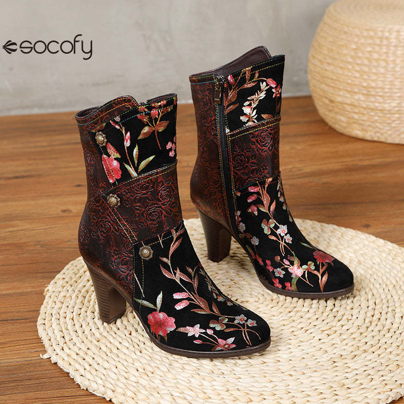 Socofy Vicconfy Court Leather Vintage Handmade High Heel Women's Boots