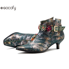 Socofy Retro British style metal texture low heel women's short boots