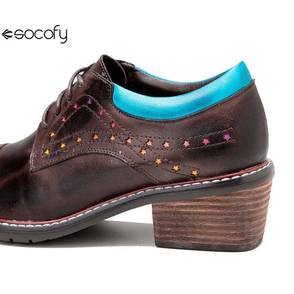 Socofy Leather Star Deco Lace Up Chunky Heel Single Shoes