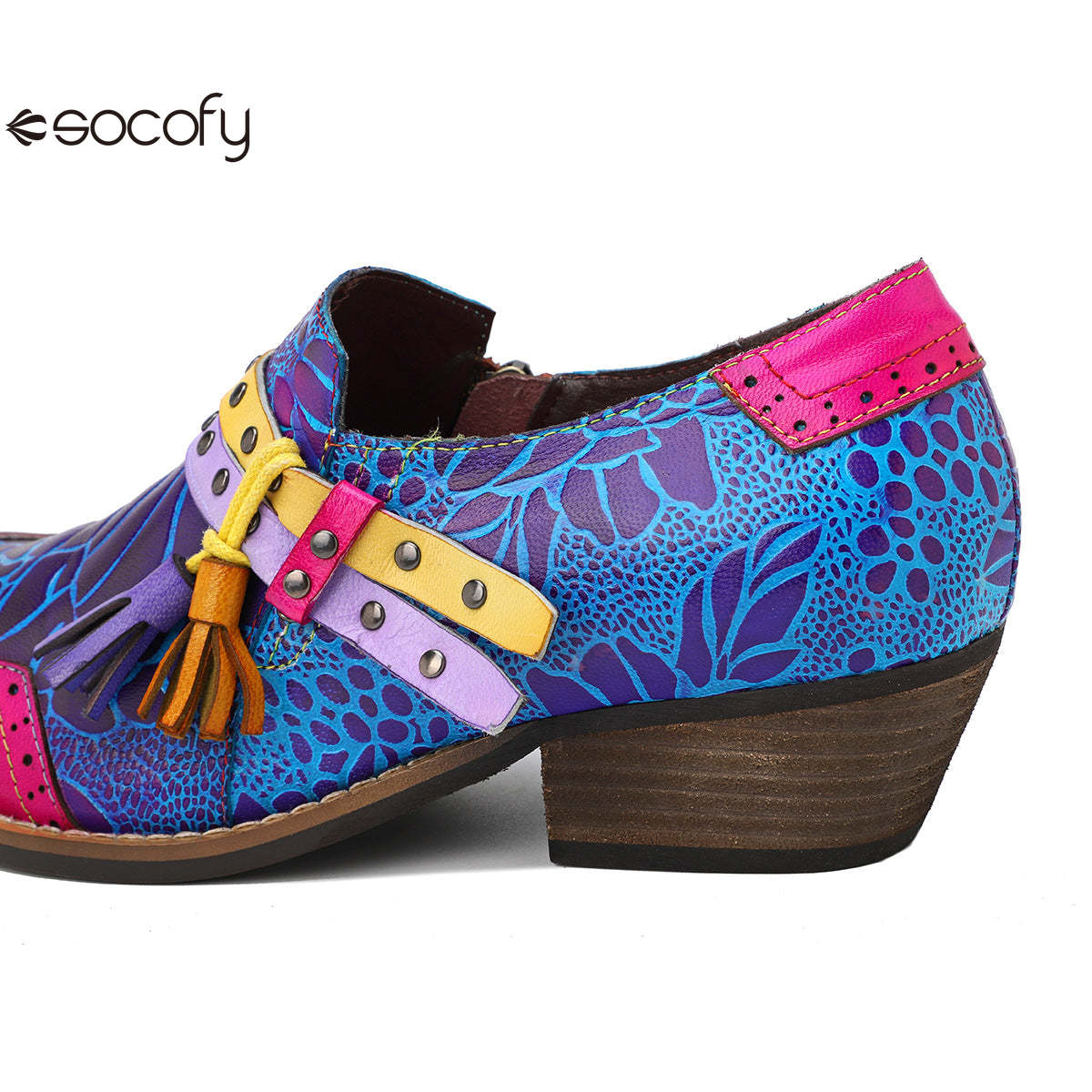 Socofy Leather Vintage Cowboy Style Women's Shallow Mouth Single Shoes