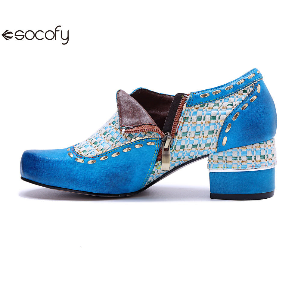 Socofy Genuine Leather Vintage Boho Woven Side Zipper Pumps