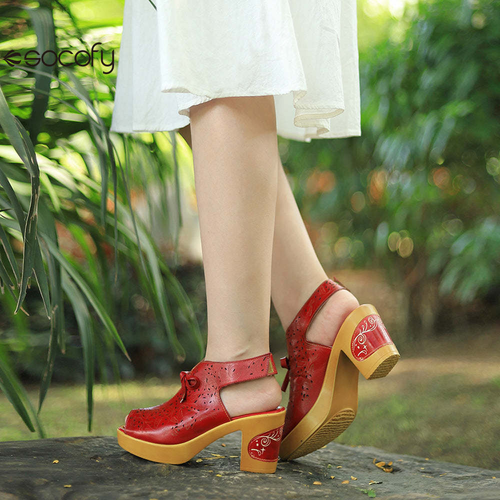 Socofy Summer Leather Retro Hollow Out High Heel Sandals