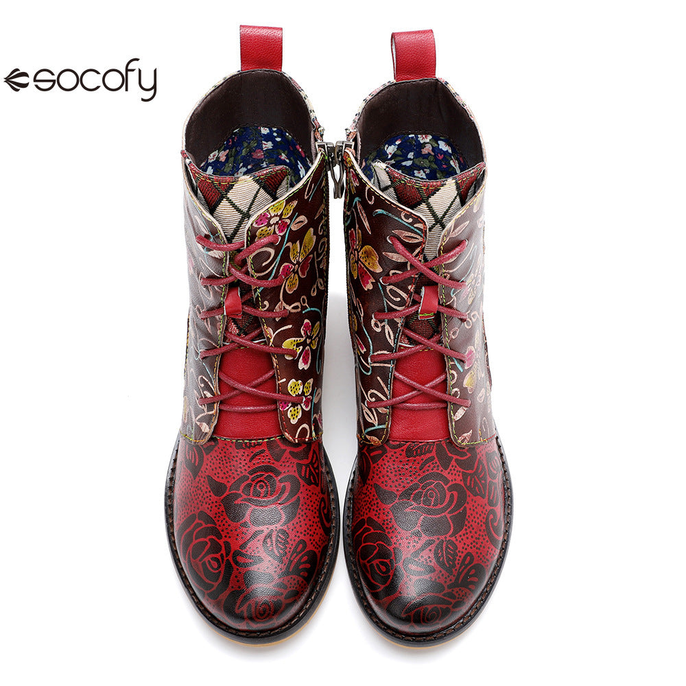 Socofy Vicconfy Genuine Leather Lace Up Cowboy Jacquard Colorblocking Ankle Boots