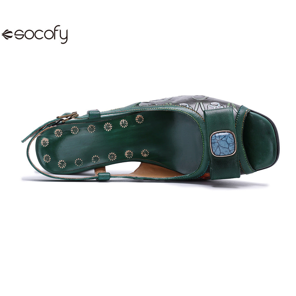 Socofy Handmade Leather Cubic Embossed Heeled Sandals