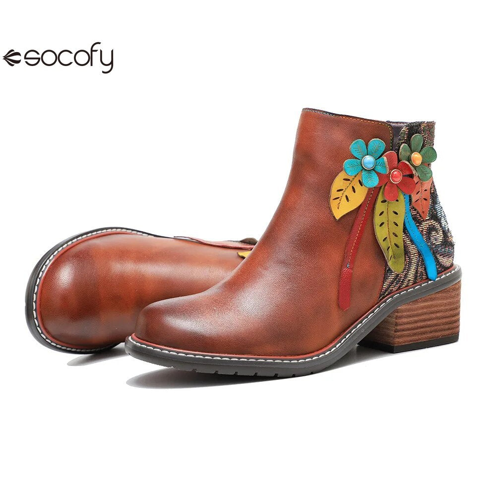 SOCOFY Winter New Round Toe Patchwork Handmade Ankle Boots