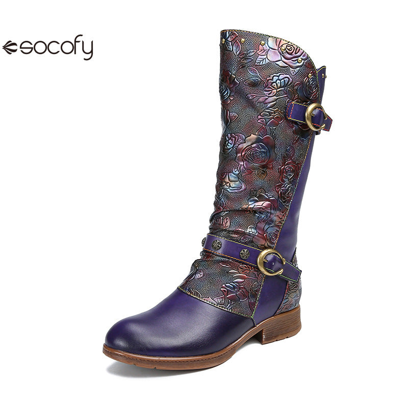 Socofy Vicconfy Side Zipper Vintage Floral Flat Heel Long Boots