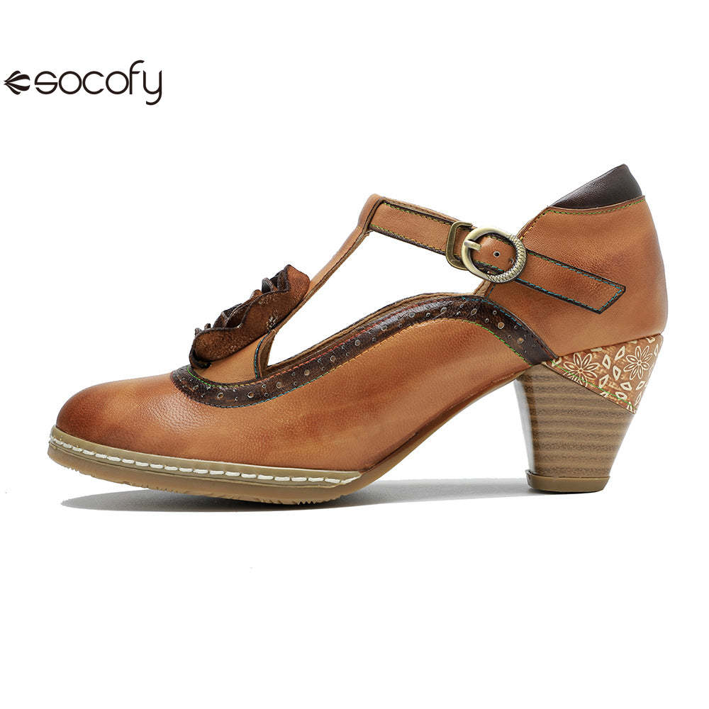 Socofy spring genuine leather retro Mary Jane high-heeled shoes