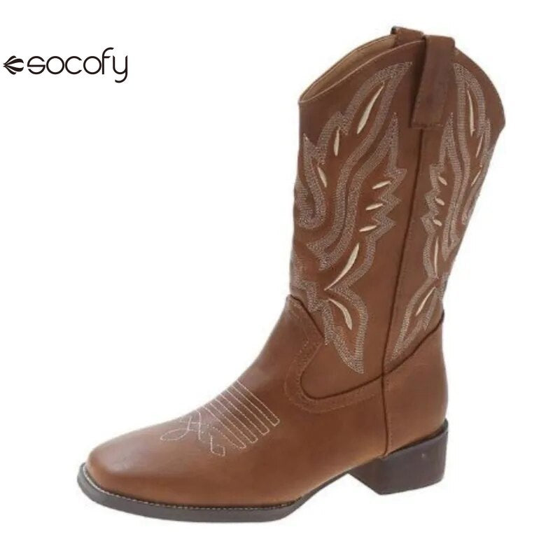 SOCOFY Chunky Western Cowboy Boots