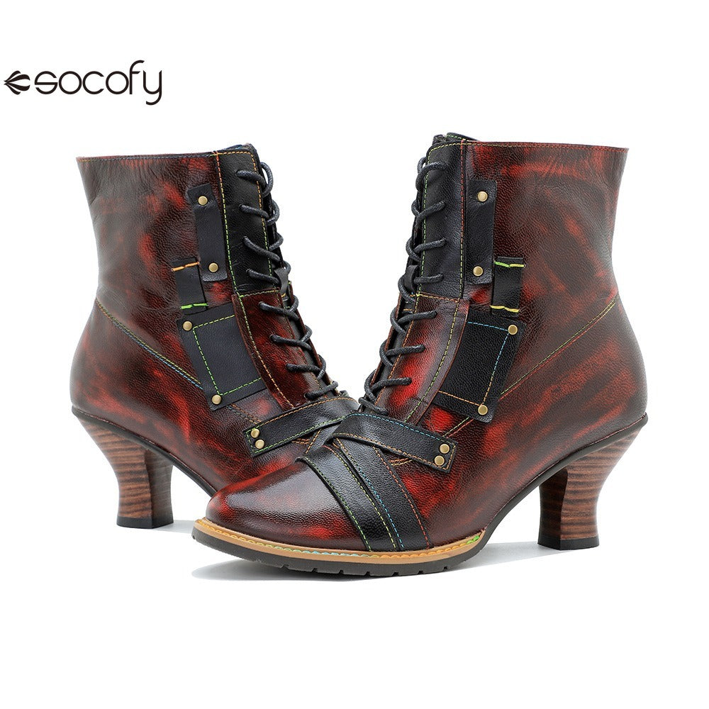 Socofy Leather Vintage Boots High Heeled Boots