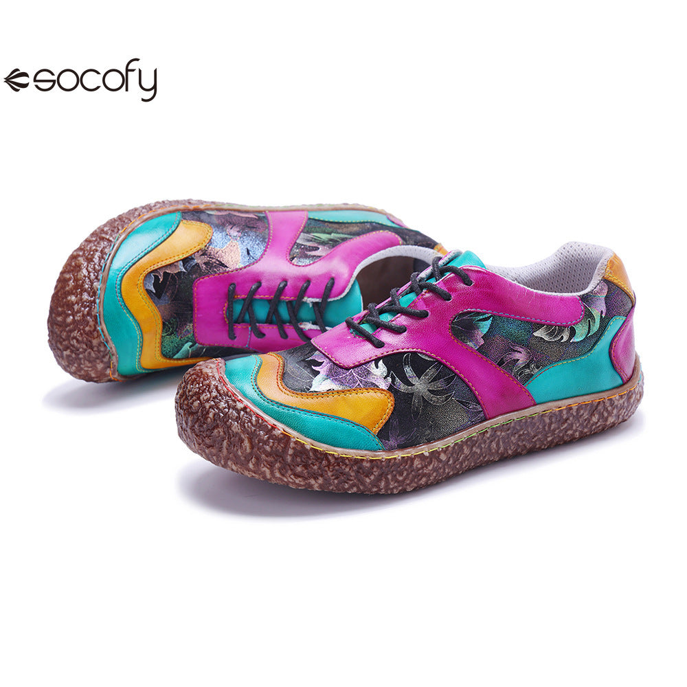 Socofy Vicconfy Genuine Leather Retro Lace Up Comfortable Casual Women's Shoes