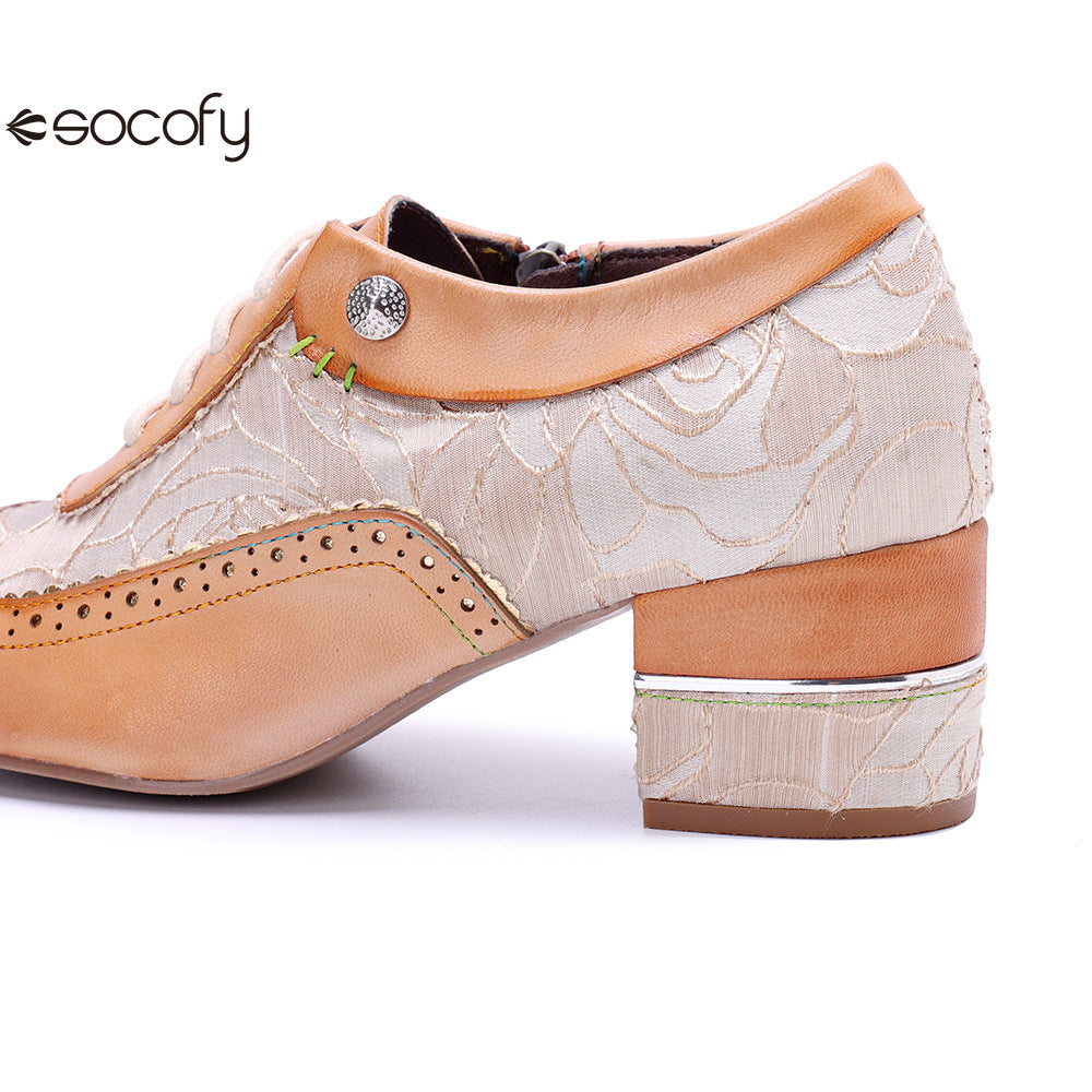 Socofy Genuine leather beige vintage brogue tassel side zipper pumps