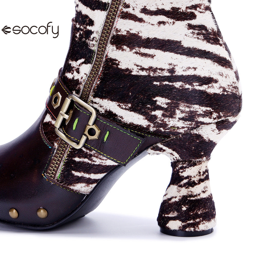 Socofy Vicconfy Retro Handmade Zebra Pattern Buckle Ankle Boots