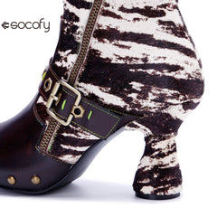 Socofy Vicconfy Retro Handmade Zebra Pattern Buckle Ankle Boots