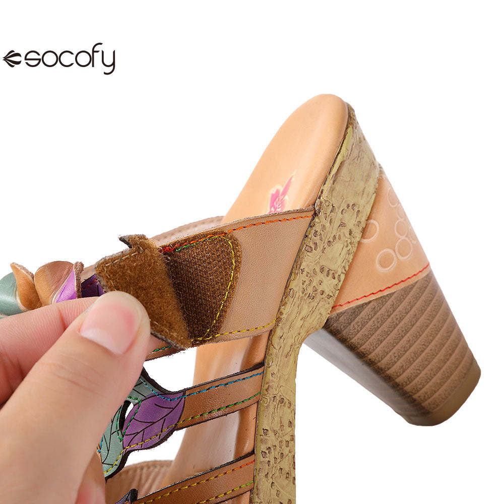 Socofy Vicconfy Flower Patchwork Head Cowhide High Heel Women's Sandals Slippers