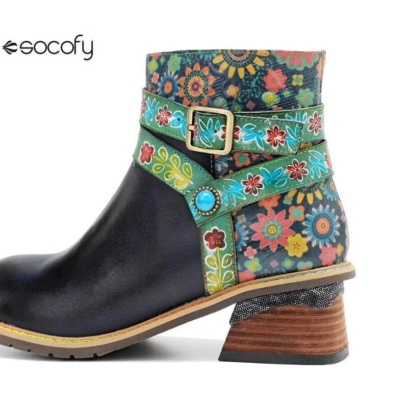 SOCOFY Belt Buckle ZIP Genuine leather Flower Splicing British Style Ankle Boots