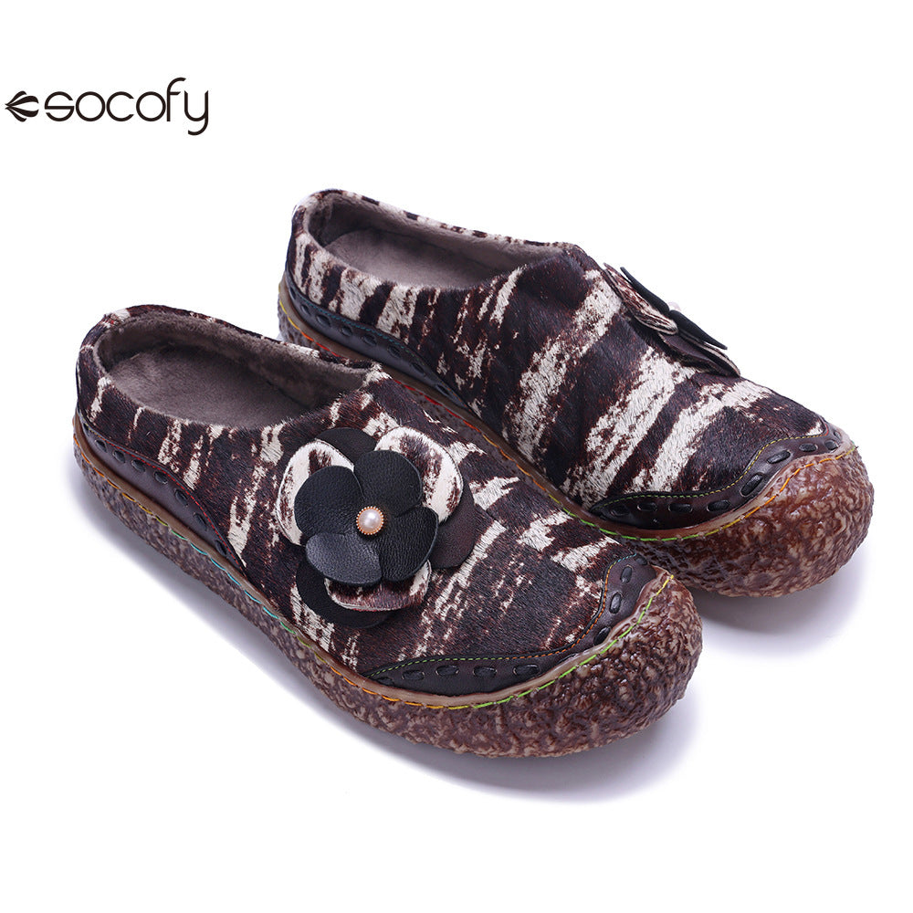 Socofy Vicconfy Genuine Leather Pony Hair Cubic Flower Retro Comfort Loafers