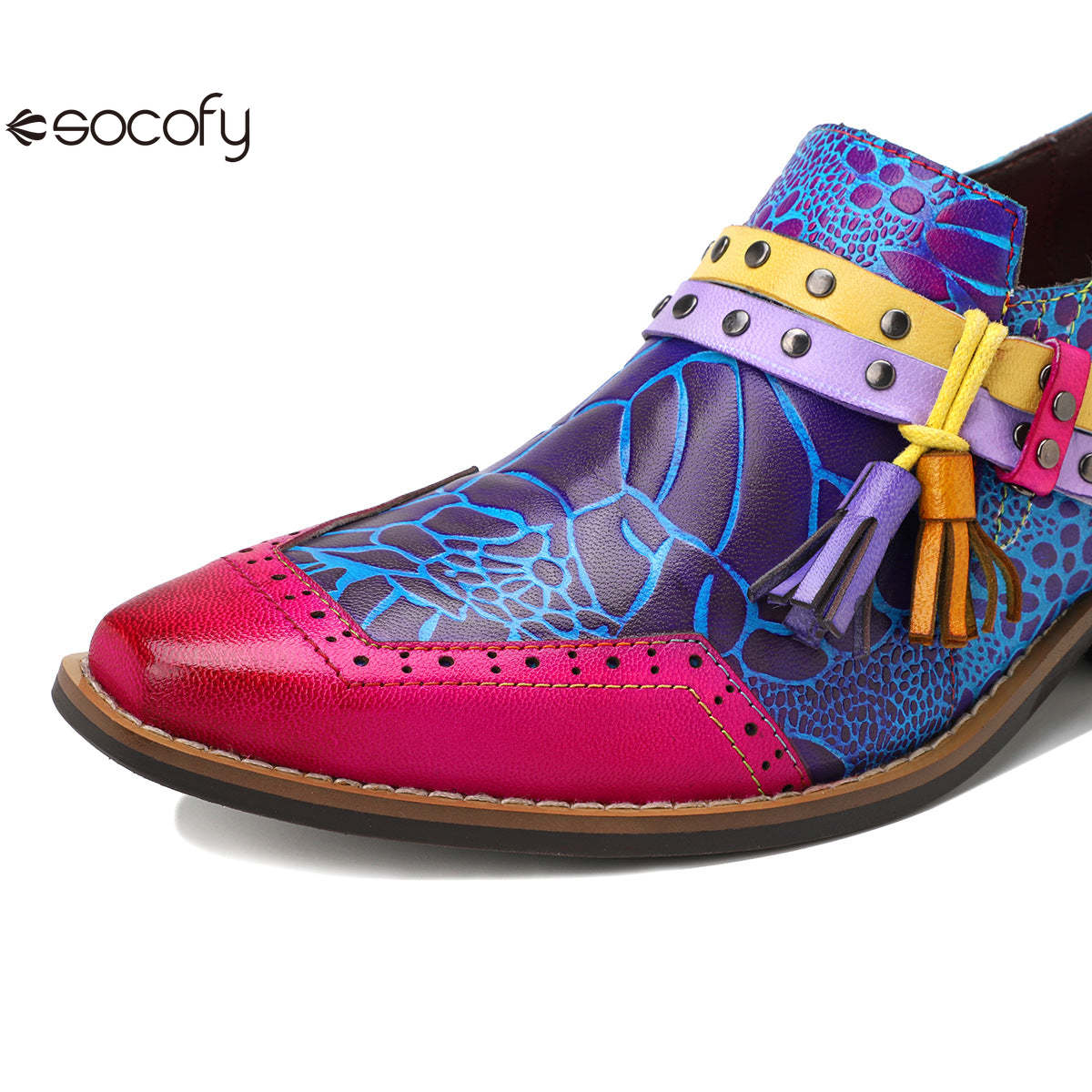 Socofy Leather Vintage Cowboy Style Women's Shallow Mouth Single Shoes