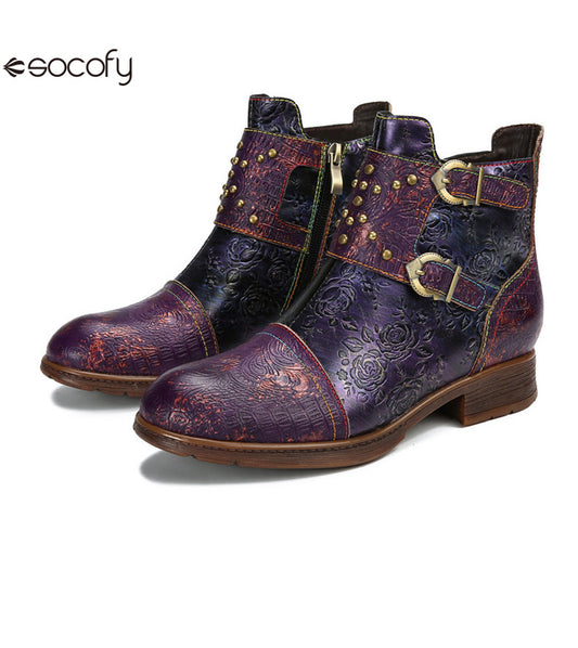 Socofy Vicconfy Genuine Leather Ethnic Vintage Rivet Belt Buckle Boots 790