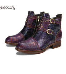 Socofy Vicconfy Genuine Leather Ethnic Vintage Rivet Belt Buckle Boots