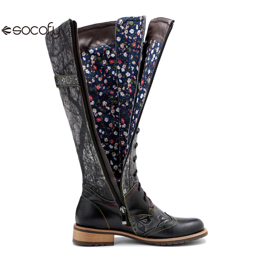 Socofy Vicconfy Genuine Leather Dark Flower Lace Up Flat Boots