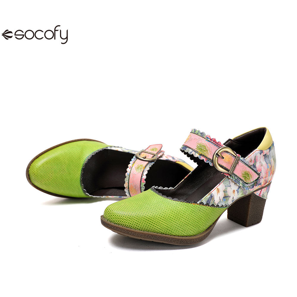 Socofy Vicconfy Floral Leather Women's Mary Jane Heel