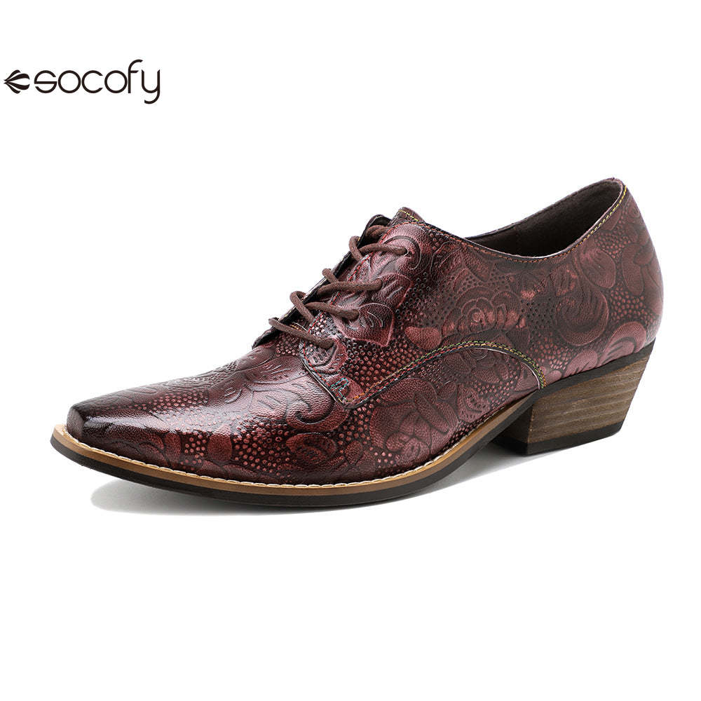 Socofy leather retro British style dark flower texture women's thick heel flat shoes