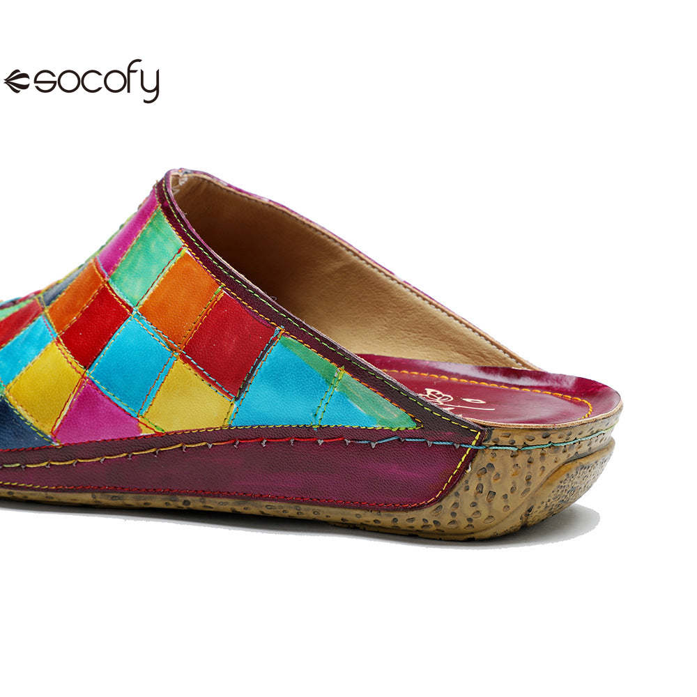 Socofy new summer style genuine leather retro plaid comfortable flat women's slippers