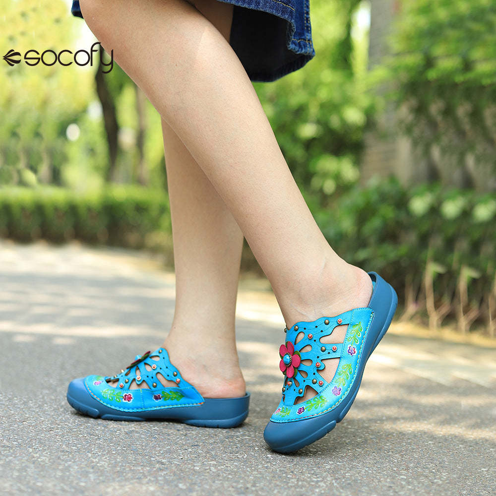 Socofy Genuine leather hand-rubbed vintage casual three-dimensional flower hollow comfortable shoes