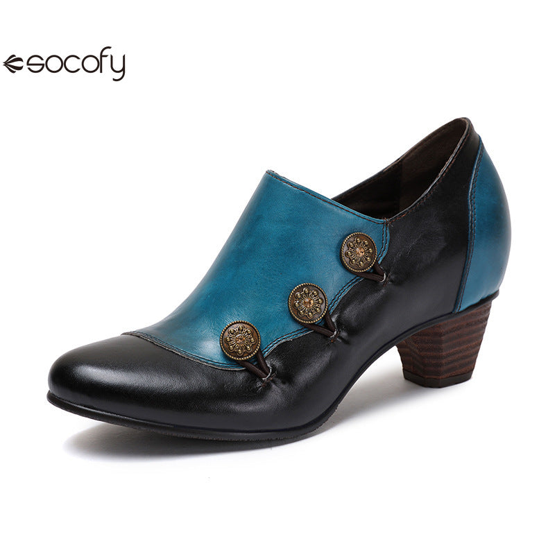 Socofy Vicconfy Genuine Leather Ethnic Style Handmade Vintage Literary Buckle Heels