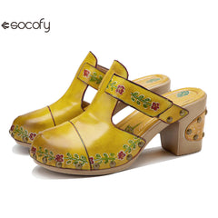 Socofy Spring and summer new spot genuine leather retro floral Baotou comfortable thick heel clogs and sandals