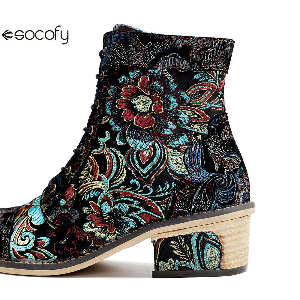 Socofy Vicconfy Vintage Printed Embroidered Casual Women's Boots