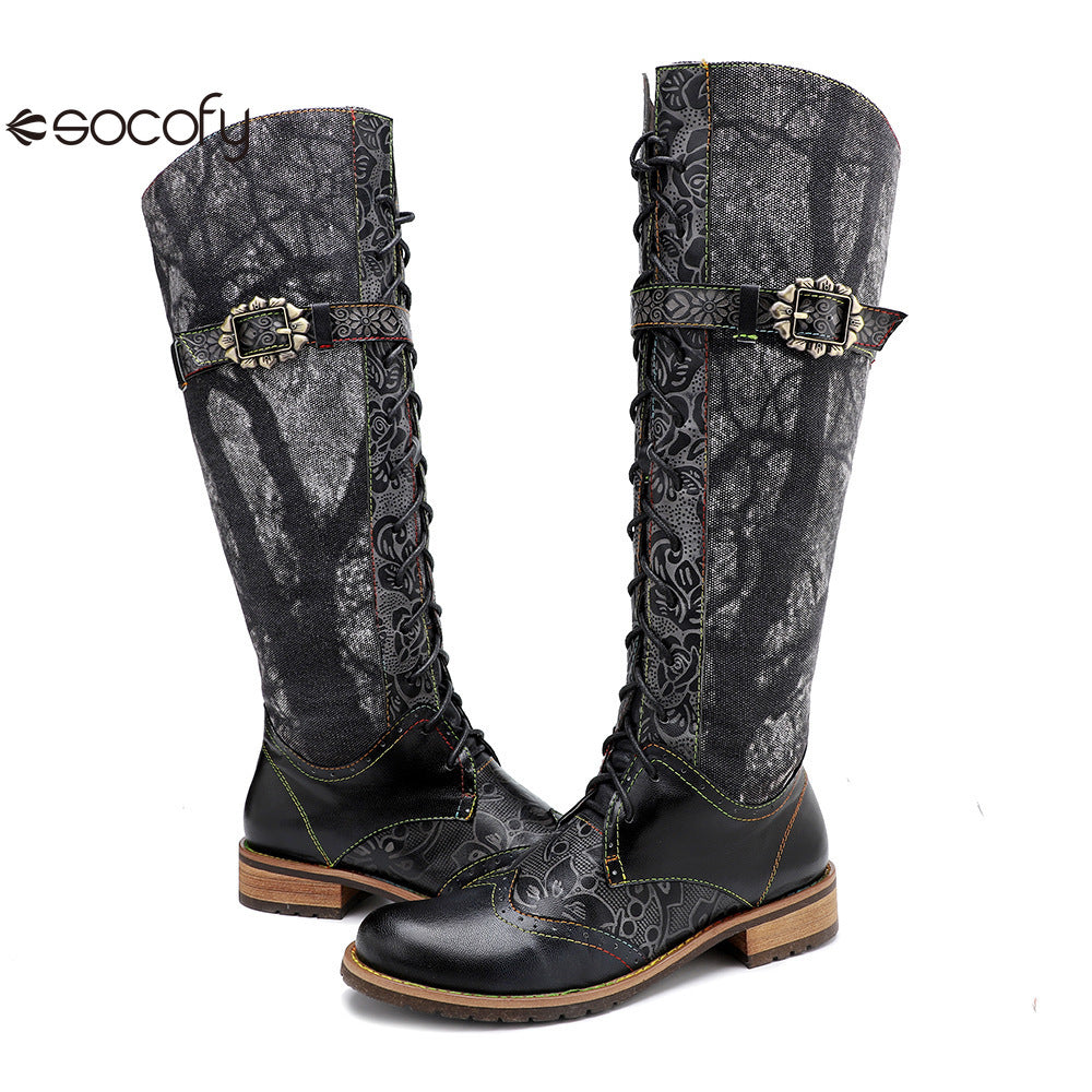 Socofy Vicconfy Genuine Leather Dark Flower Lace Up Flat Boots