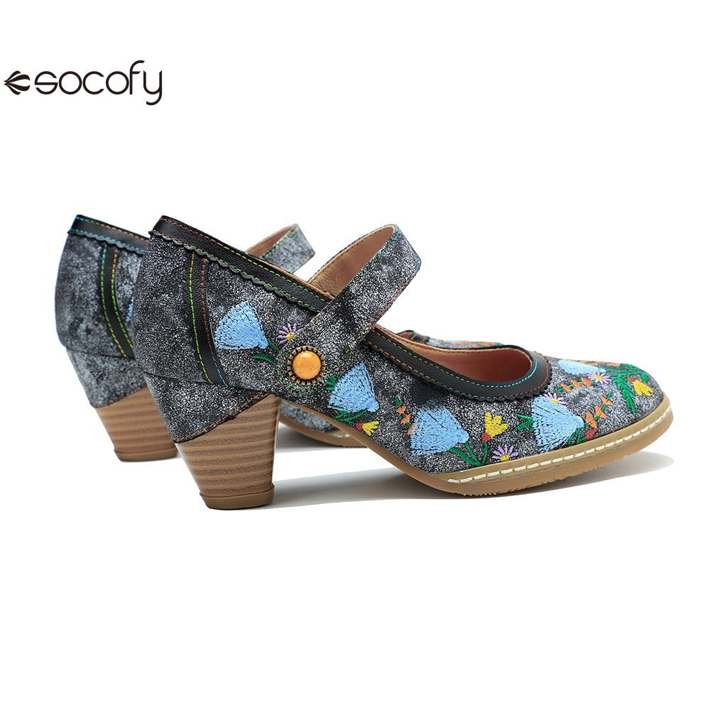 Socofy Spring and summer new retro embroidery Mary Jane thick heeled comfortable high heels