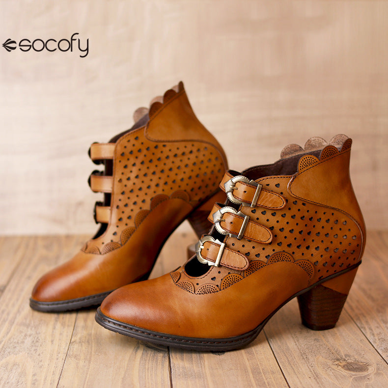 Socofy Vicconfy Retro Cutout High Heel Leather Boots