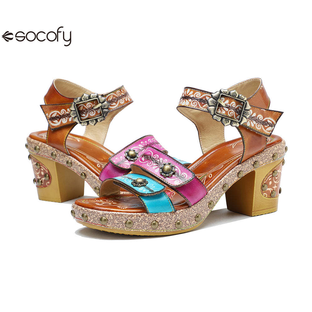 Socofy Summer Leather Retro Rivet Clash Colour High Heeled Sandals