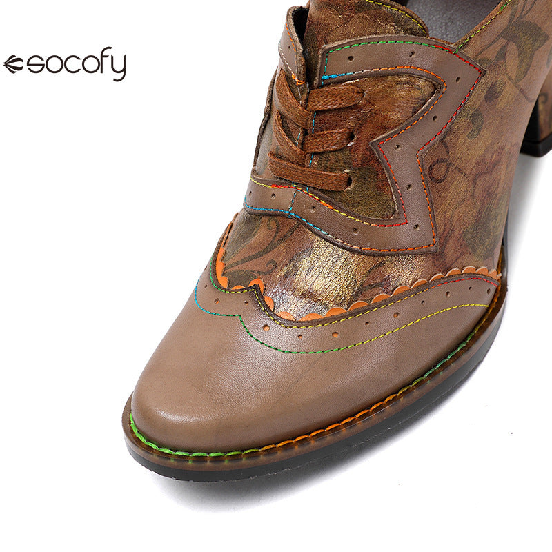 Socofy Vicconfy Genuine Leather Ethnic Brown High Heels