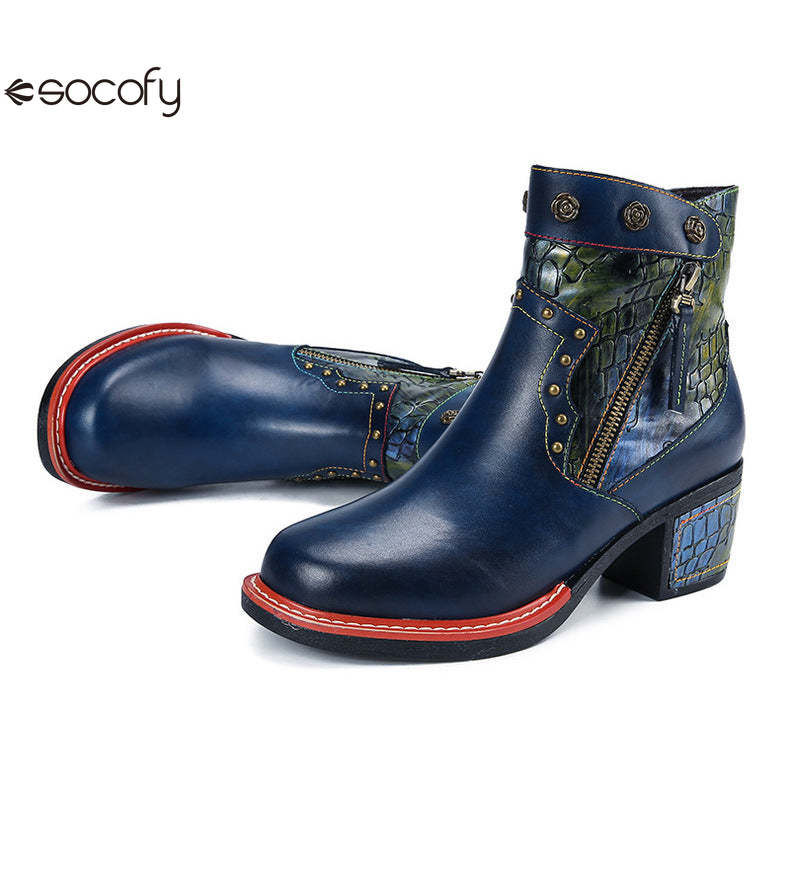 Socofy Vicconfy Women's Martin Boots Leather Patchwork Ethnic Vintage Short Boots