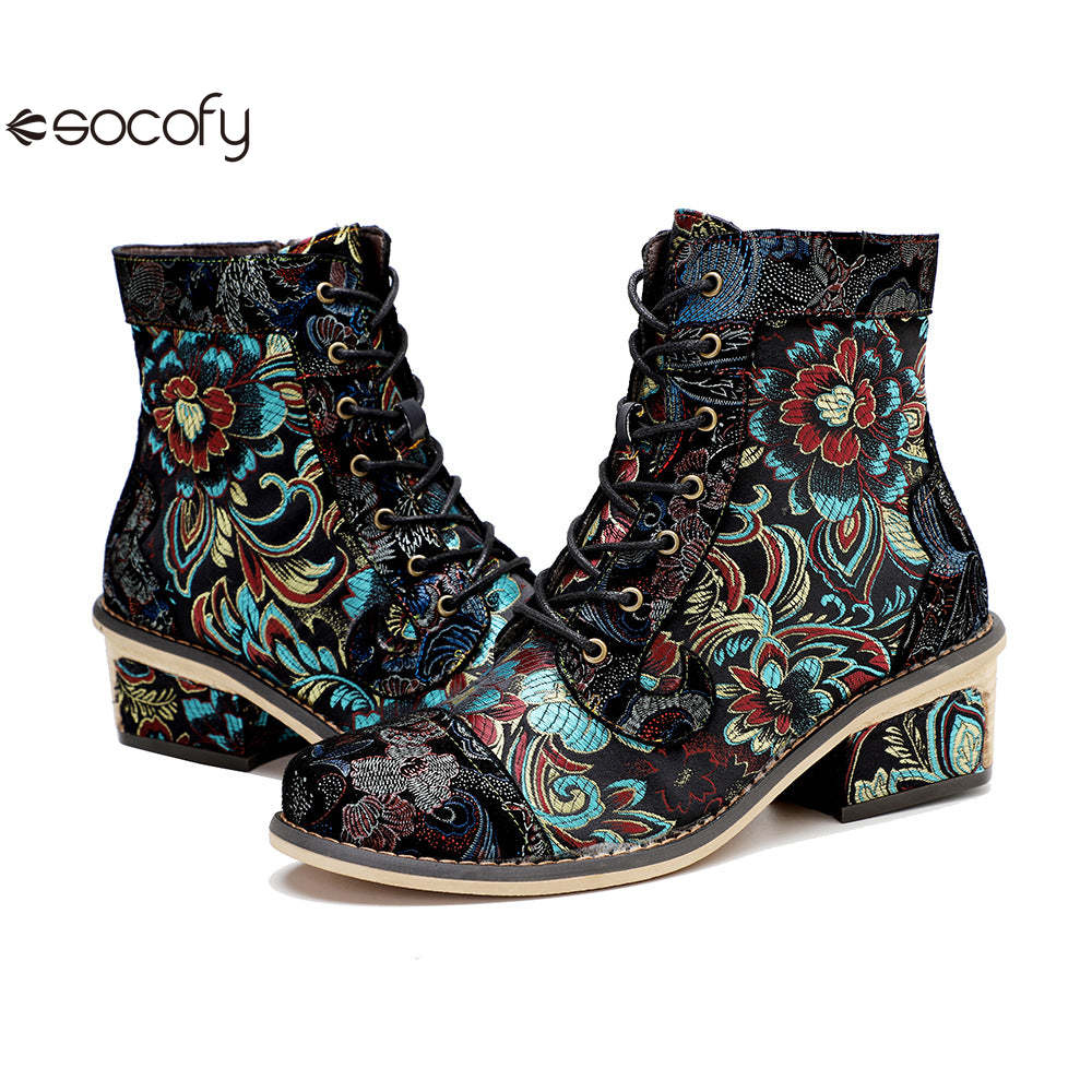 Socofy Vicconfy Vintage Printed Embroidered Casual Women's Boots