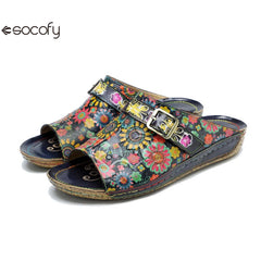 Socofy Spring Summer Genuine Leather Outside Slippers Hand-painted Retro Comfort Flat Sandals