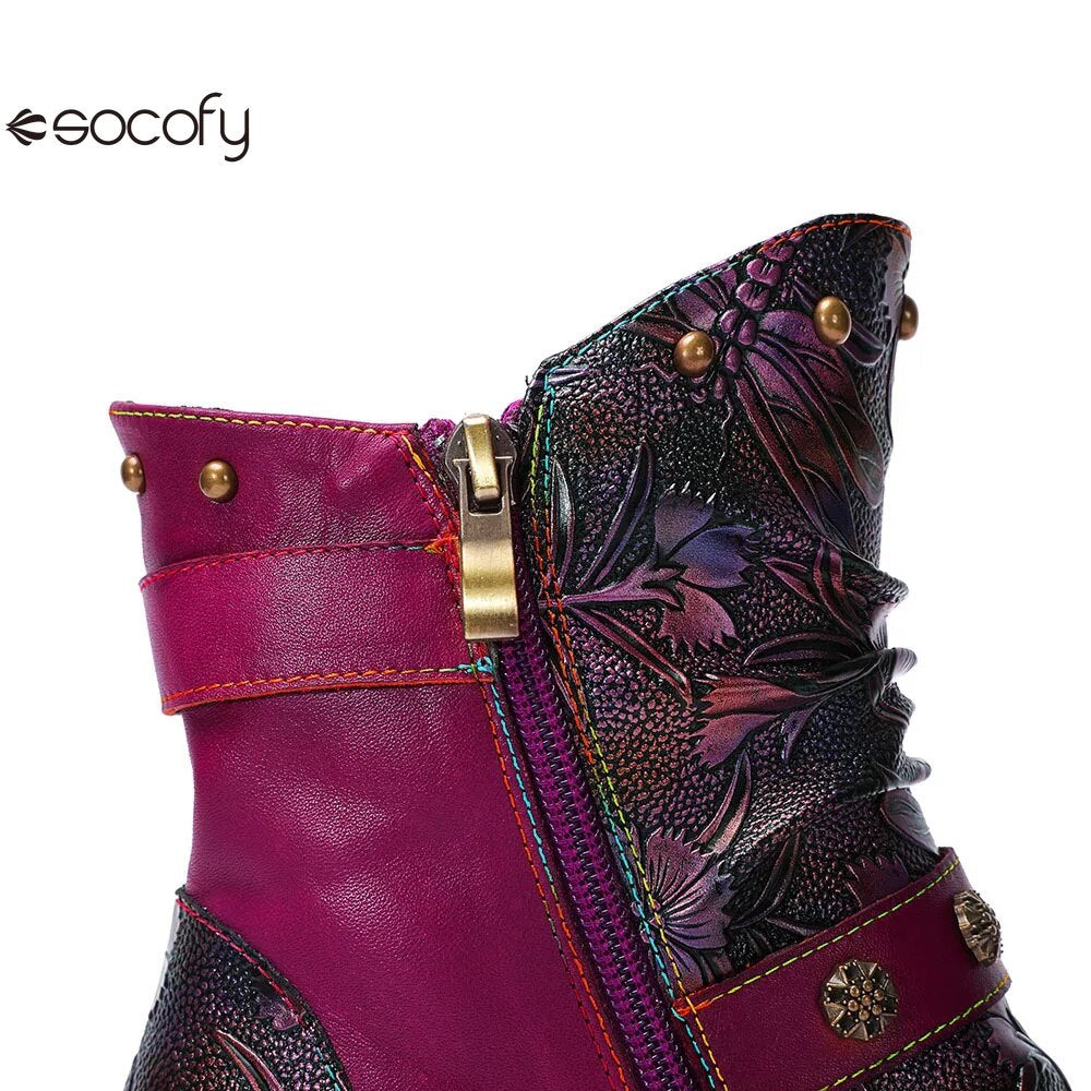 SOCOFY  Genuine Leather Retro Handmade Embossed Fashion Zip Winter Short Boots