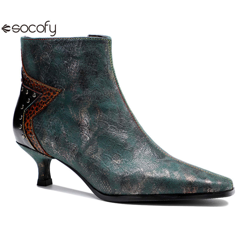 Socofy French Retro Metallic Dark Studded Studded Wrap Heel Design Slim Heel Women's Boots