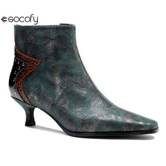 Socofy French Retro Metallic Dark Studded Studded Wrap Heel Design Slim Heel Women's Boots