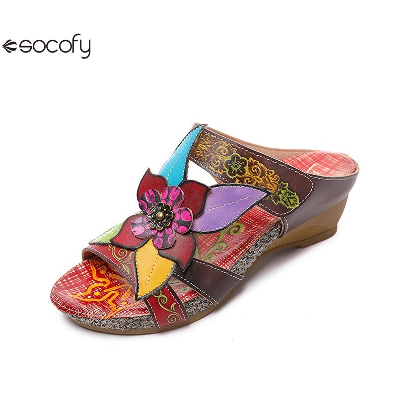 Socofy genuine genuine leather bohemian floral vintage sandals