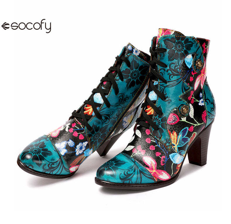 Socofy Vicconfy Ethnic Cowhide Handmade Vintage Flower High Heel Women's Boots