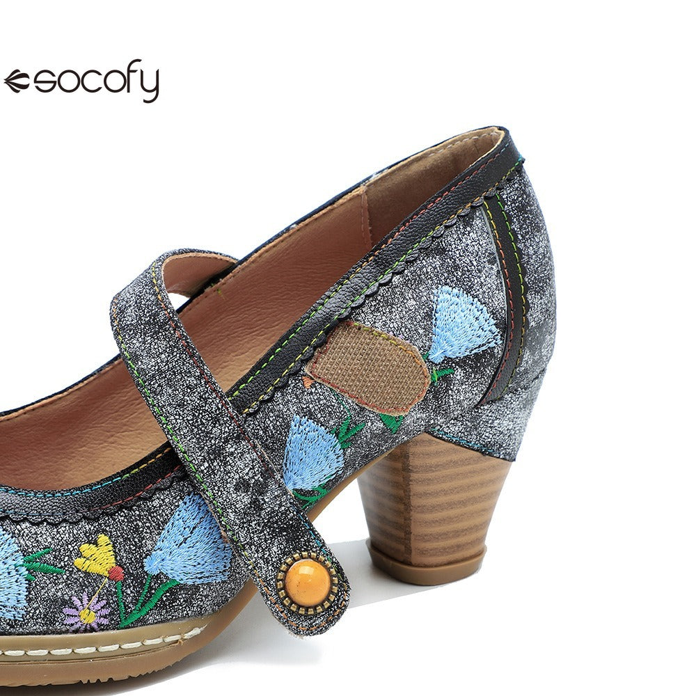 Socofy Spring and summer new retro embroidery Mary Jane thick heeled comfortable high heels