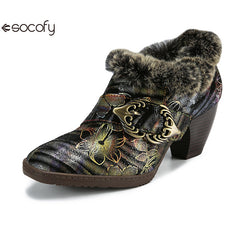 Socofy Vicconfy Genuine Leather Vintage Genuine Wool Patchwork Vintage Illusion Pumps