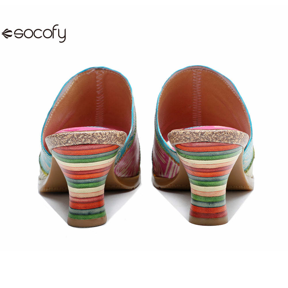 Socofy Summer Leather Vintage Colour Block High Heeled Sandals