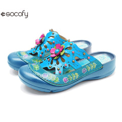 Socofy Genuine leather hand-rubbed vintage casual three-dimensional flower hollow comfortable shoes